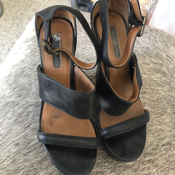 Calvin Klein Black Leather Dark Brown heel Baila Platform shoes size 8.5 - Picture 2 of 6